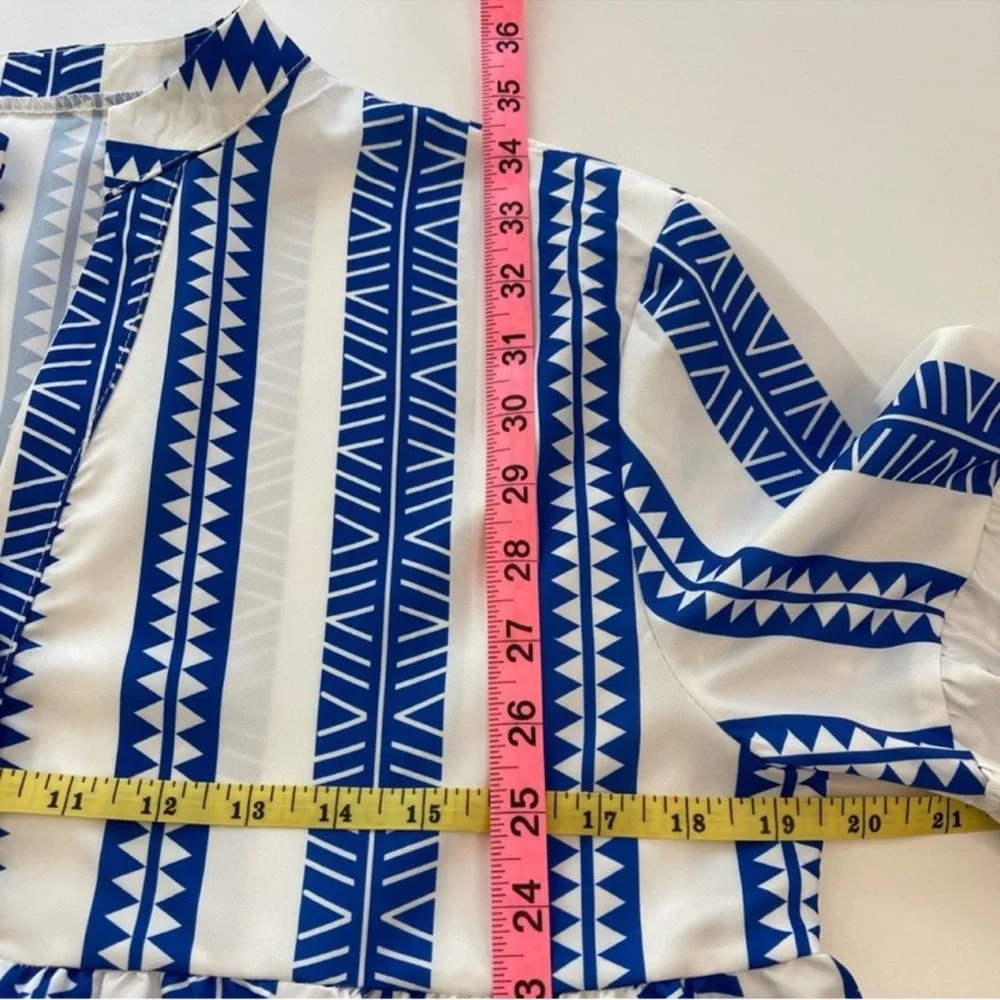 Baby Doll Mini Dress Geometric V-Neck Striped Blue & White Women’s Size Large - Picture 12 of 14